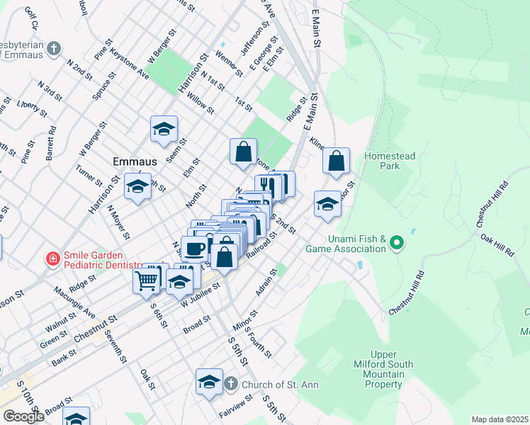map of restaurants, bars, coffee shops, grocery stores, and more near 195 Main Street in Emmaus