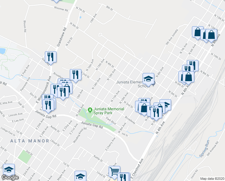 map of restaurants, bars, coffee shops, grocery stores, and more near 209 North 12th Avenue in Altoona
