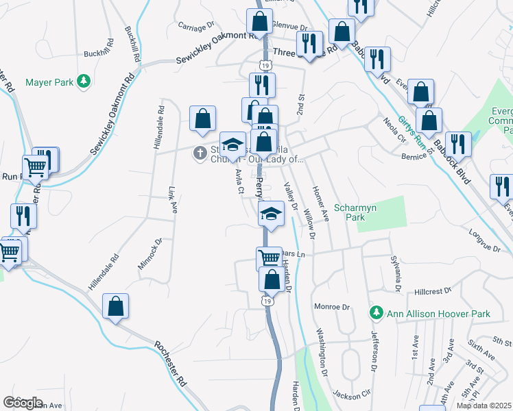 map of restaurants, bars, coffee shops, grocery stores, and more near 971 U.S. 19 in Pittsburgh