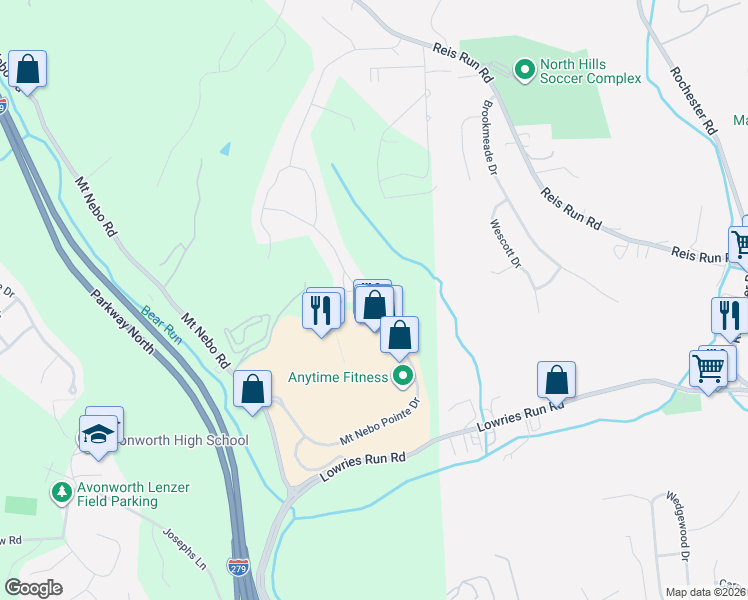 map of restaurants, bars, coffee shops, grocery stores, and more near 181 Overlook Drive in Pittsburgh