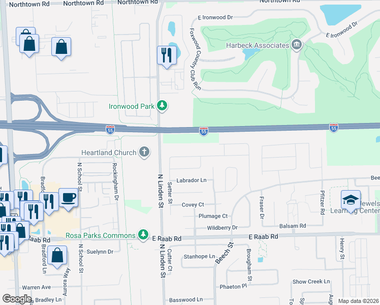 map of restaurants, bars, coffee shops, grocery stores, and more near Interstate 55 in Normal