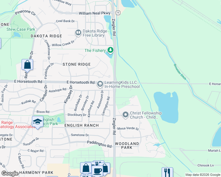 map of restaurants, bars, coffee shops, grocery stores, and more near 3018 Antelope Road in Fort Collins