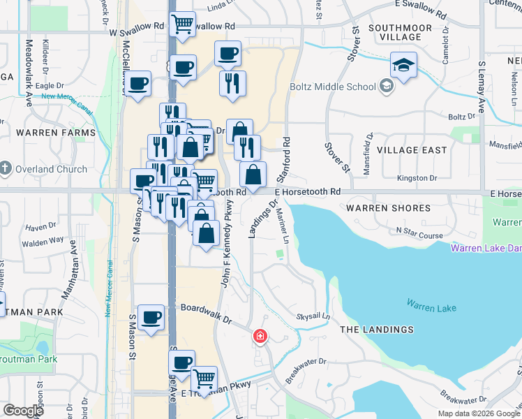 map of restaurants, bars, coffee shops, grocery stores, and more near in Fort Collins