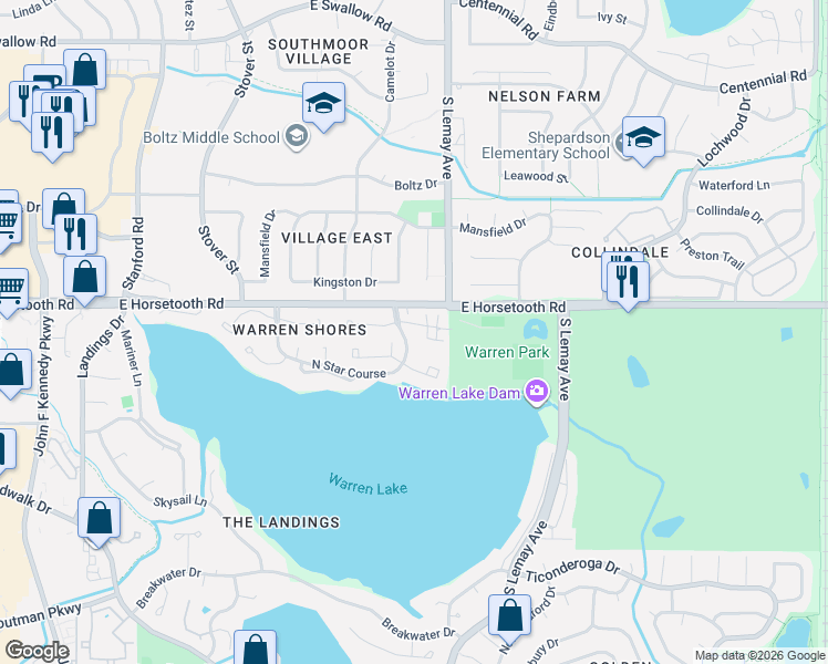 map of restaurants, bars, coffee shops, grocery stores, and more near 942 Driftwood Drive in Fort Collins