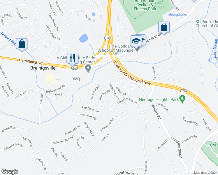 map of restaurants, bars, coffee shops, grocery stores, and more near 8455 Starling Road in Breinigsville