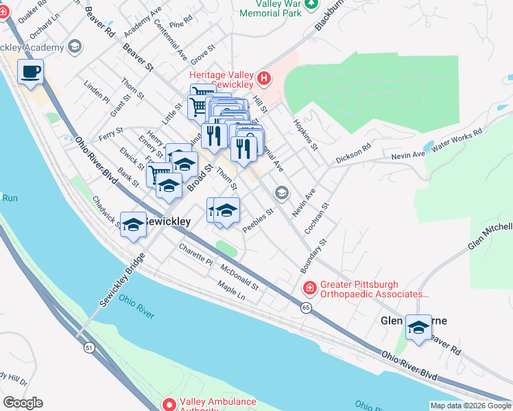 map of restaurants, bars, coffee shops, grocery stores, and more near 701 Thorn Street in Sewickley