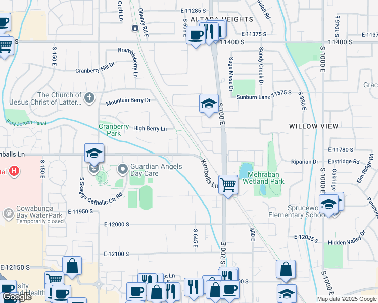 map of restaurants, bars, coffee shops, grocery stores, and more near 622 East Sawback Lane in Draper