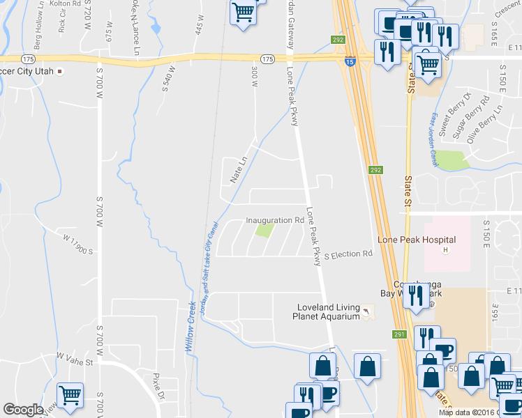 map of restaurants, bars, coffee shops, grocery stores, and more near 291 Bubbling Brook Lane in Draper