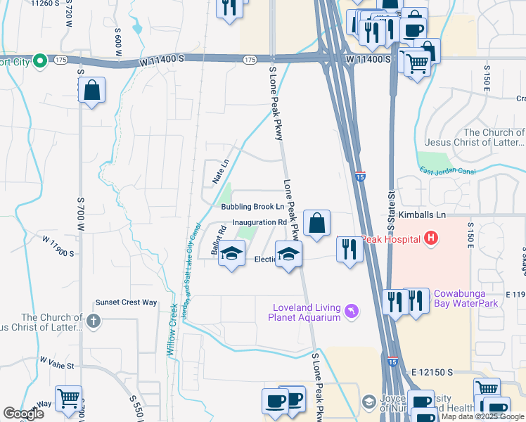 map of restaurants, bars, coffee shops, grocery stores, and more near 263 Bubbling Brook Lane in Draper
