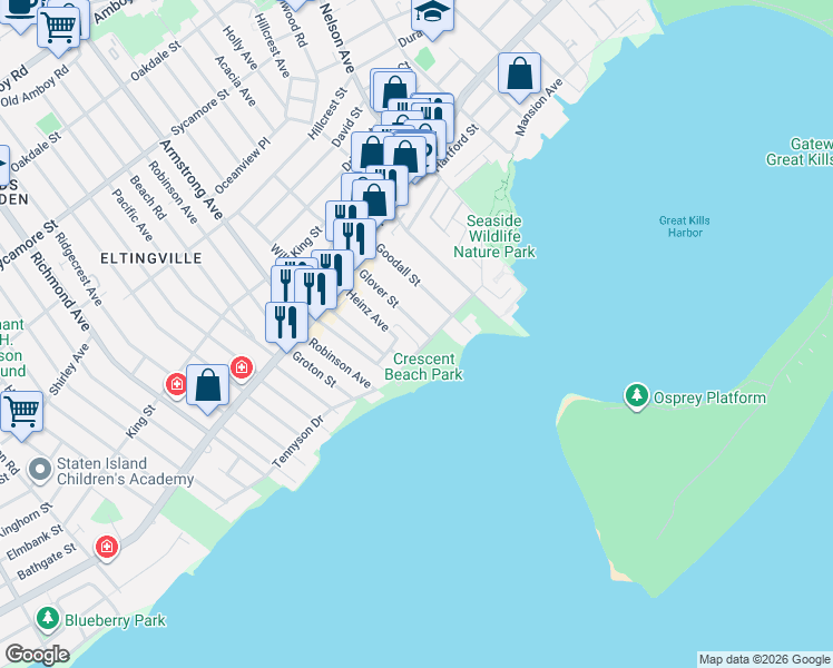 map of restaurants, bars, coffee shops, grocery stores, and more near 84 Glover Street in Staten Island