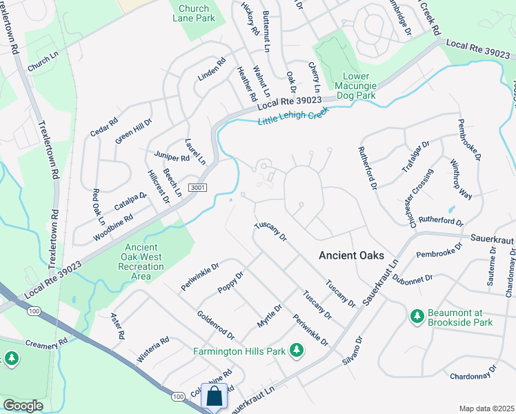 map of restaurants, bars, coffee shops, grocery stores, and more near 7070 Queenscourt Lane in Macungie