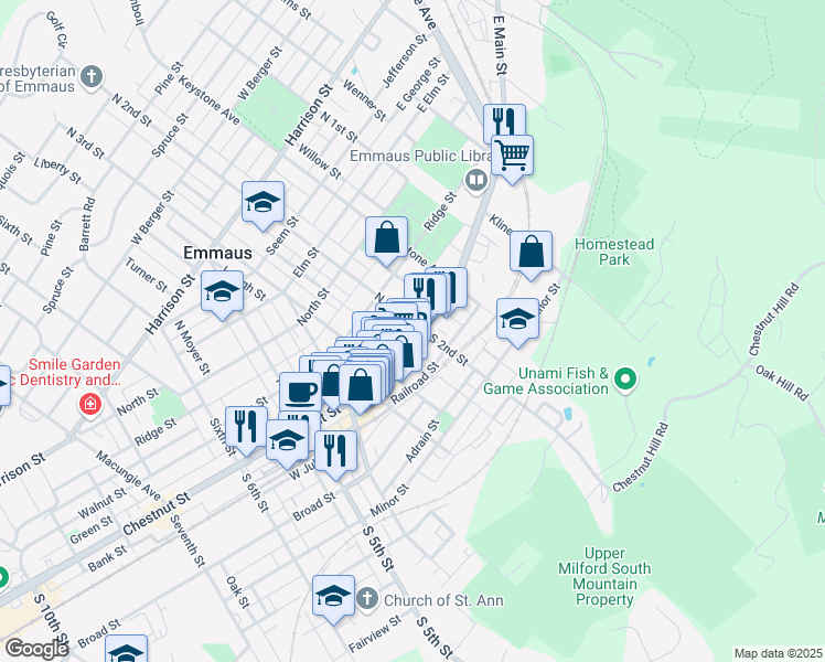 map of restaurants, bars, coffee shops, grocery stores, and more near 205 Main Street in Emmaus