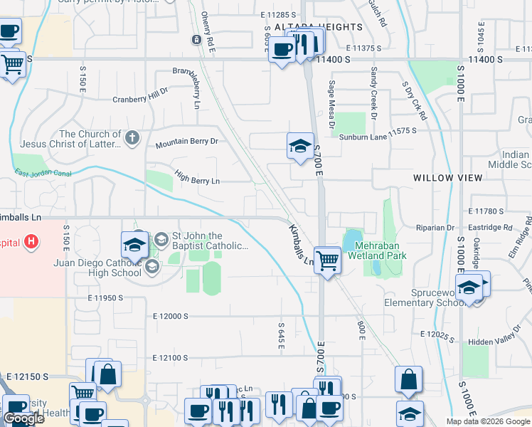 map of restaurants, bars, coffee shops, grocery stores, and more near 608 Sawback Ln in Draper