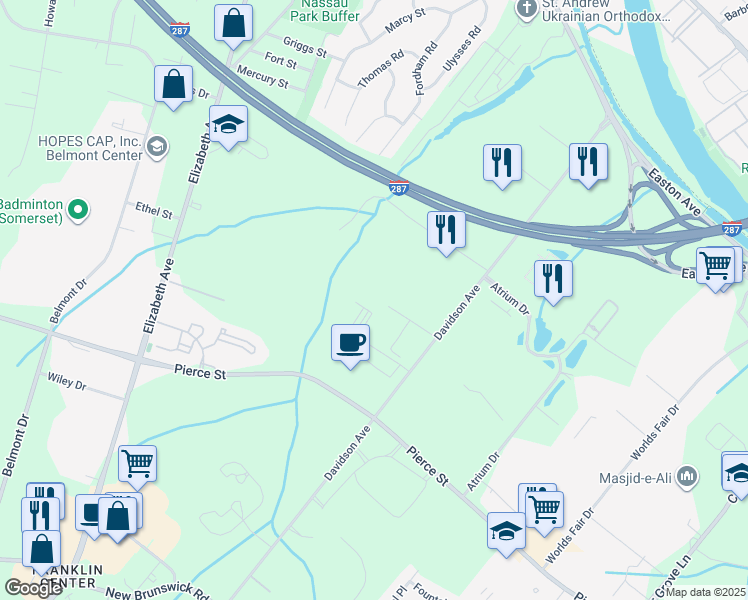 map of restaurants, bars, coffee shops, grocery stores, and more near 200 Franklin Square Drive in Franklin Township