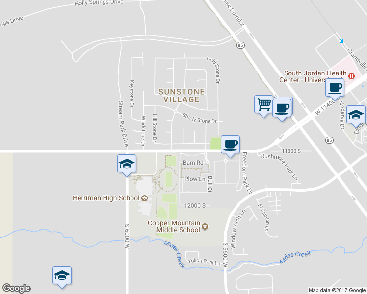 map of restaurants, bars, coffee shops, grocery stores, and more near 5747 Hill Stone Drive in South Jordan