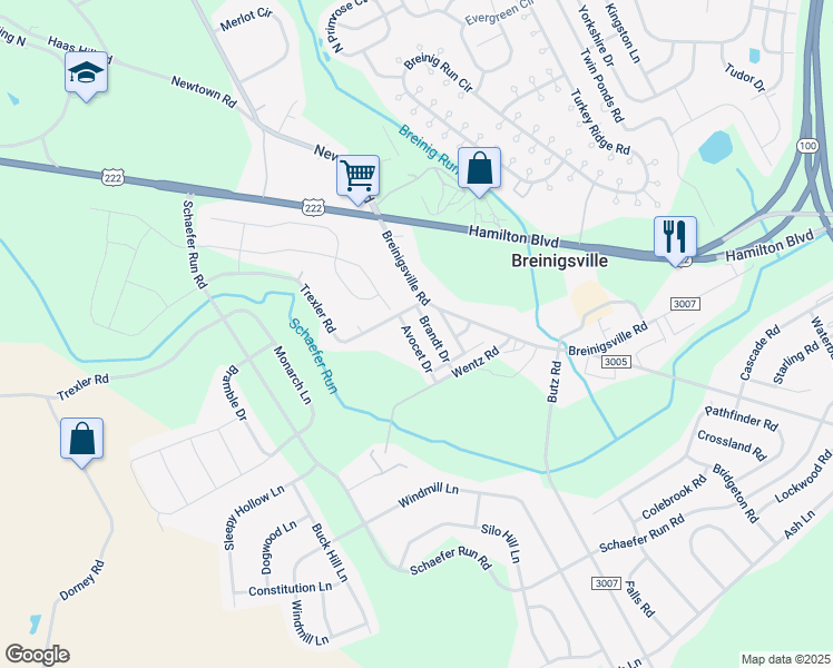 map of restaurants, bars, coffee shops, grocery stores, and more near 1225 Avocet Drive in Breinigsville
