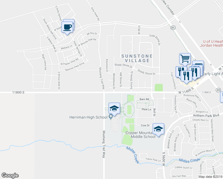 map of restaurants, bars, coffee shops, grocery stores, and more near 5907 Soapstone Circle in South Jordan