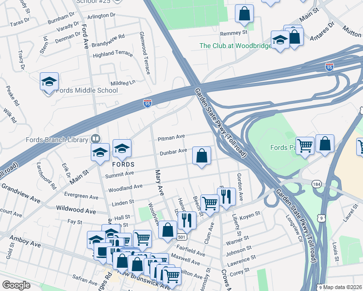 map of restaurants, bars, coffee shops, grocery stores, and more near 165 Beech Street in Woodbridge Township