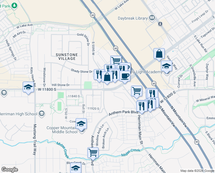 map of restaurants, bars, coffee shops, grocery stores, and more near 5474 West Daybreak Parkway in South Jordan