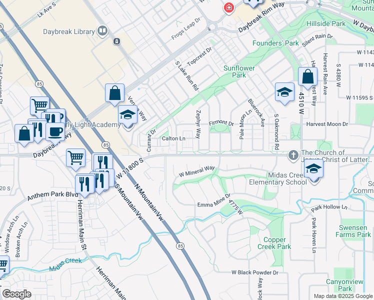 map of restaurants, bars, coffee shops, grocery stores, and more near 4923 Calton Lane in South Jordan