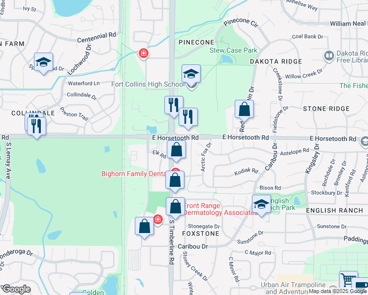 map of restaurants, bars, coffee shops, grocery stores, and more near 2203 Antelope Road in Fort Collins