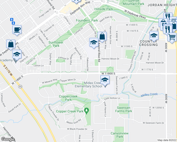map of restaurants, bars, coffee shops, grocery stores, and more near 11776 South Oakmond Road in South Jordan