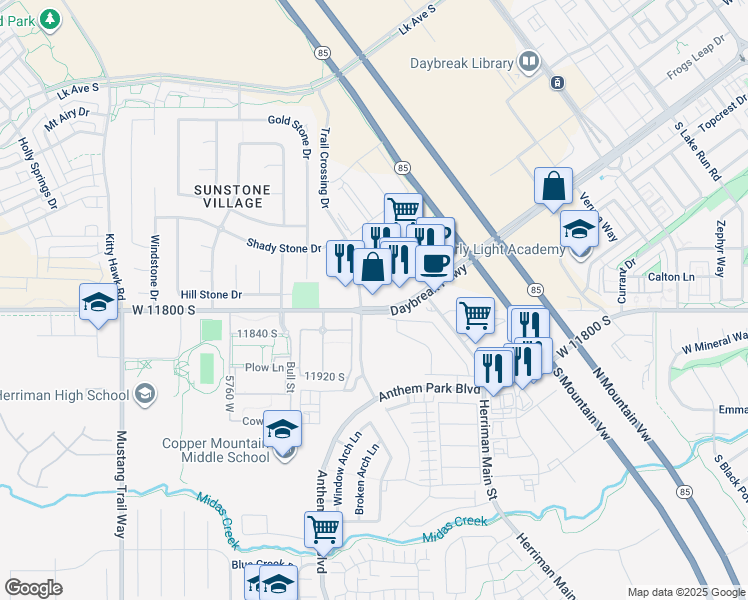 map of restaurants, bars, coffee shops, grocery stores, and more near 5022 West Daybreak Parkway in South Jordan