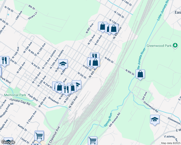 map of restaurants, bars, coffee shops, grocery stores, and more near 409 North 6th Street in Altoona