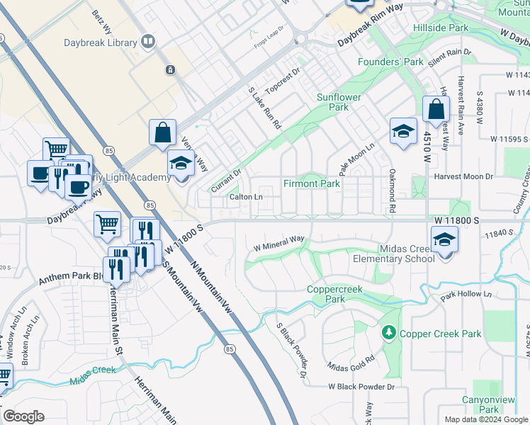 map of restaurants, bars, coffee shops, grocery stores, and more near 4923 Calton Lane in South Jordan