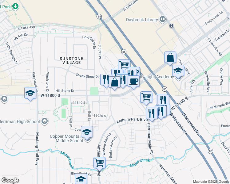 map of restaurants, bars, coffee shops, grocery stores, and more near 5474 West Daybreak Parkway in South Jordan