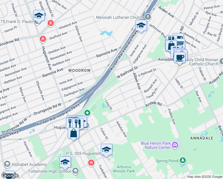 map of restaurants, bars, coffee shops, grocery stores, and more near 307 South Railroad Street in Staten Island