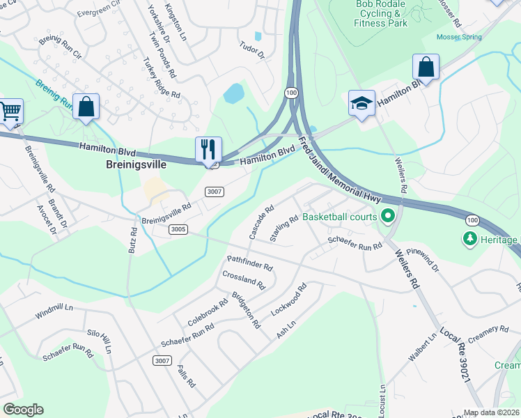 map of restaurants, bars, coffee shops, grocery stores, and more near 8665 Cascade Road in Breinigsville