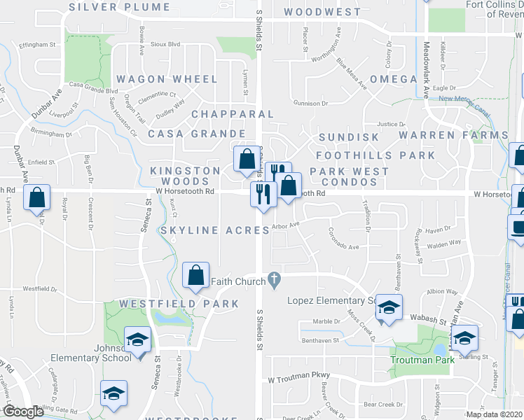 map of restaurants, bars, coffee shops, grocery stores, and more near 1066 South Shields Street in Fort Collins