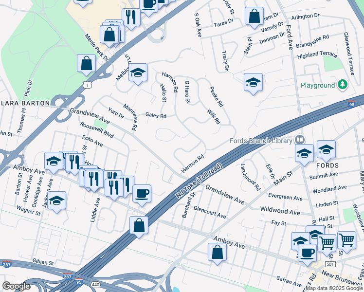 map of restaurants, bars, coffee shops, grocery stores, and more near 21 Bodnarik Road in Edison