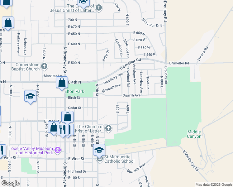 map of restaurants, bars, coffee shops, grocery stores, and more near 613 Oquirrh Avenue in Tooele
