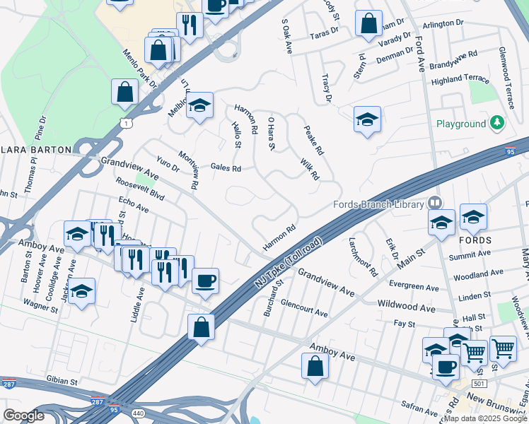 map of restaurants, bars, coffee shops, grocery stores, and more near 21 Bodnarik Road in Edison