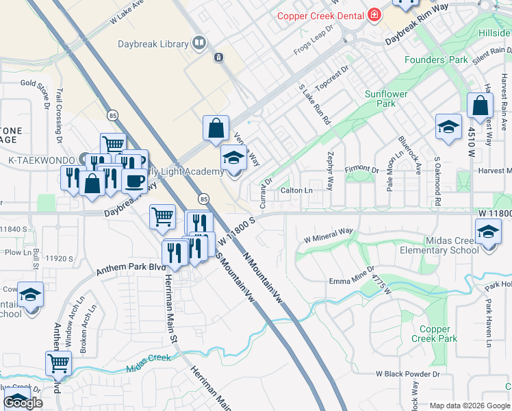 map of restaurants, bars, coffee shops, grocery stores, and more near 11782 Currant Drive in South Jordan