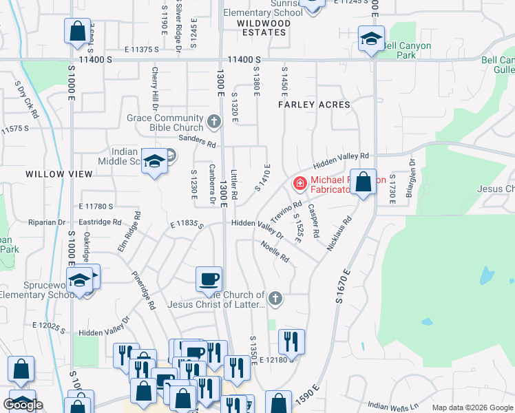map of restaurants, bars, coffee shops, grocery stores, and more near 11810 Hidden Valley Road in Sandy