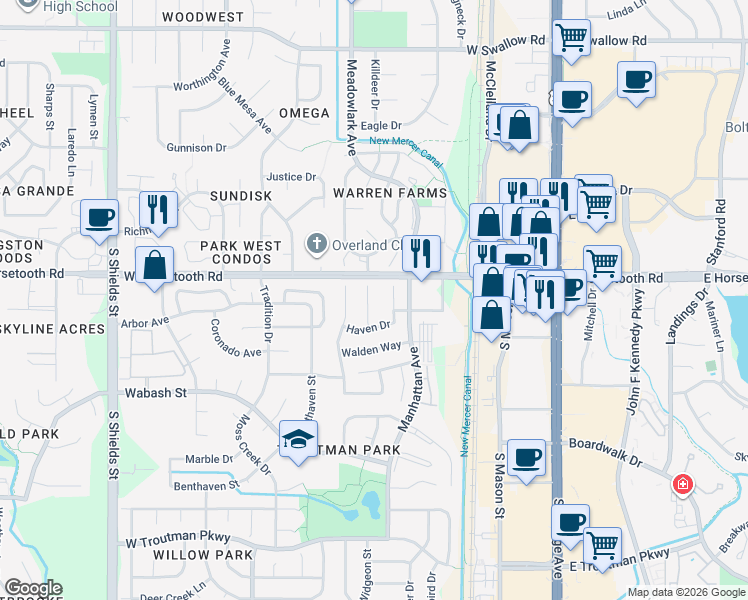 map of restaurants, bars, coffee shops, grocery stores, and more near 3626 Mayflower Court in Fort Collins