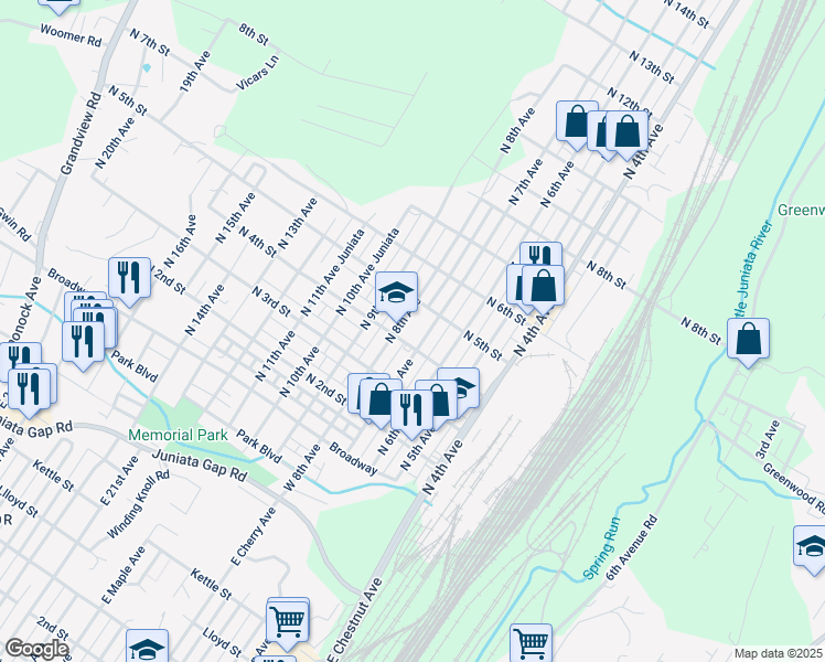 map of restaurants, bars, coffee shops, grocery stores, and more near 418 North 8th Avenue in Altoona