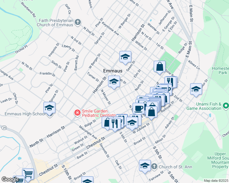 map of restaurants, bars, coffee shops, grocery stores, and more near 520 Elm Street in Emmaus