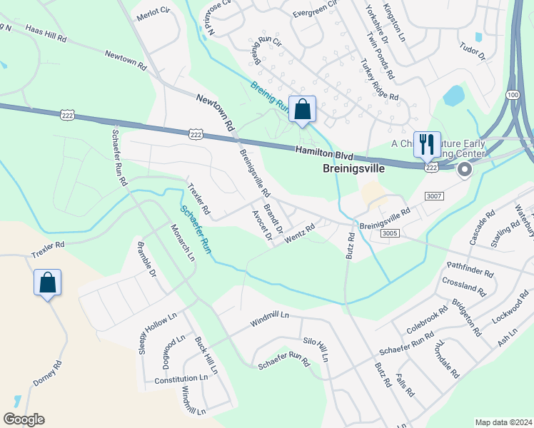 map of restaurants, bars, coffee shops, grocery stores, and more near 1228 Brandt Drive in Breinigsville
