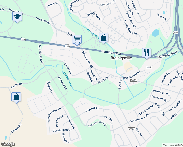 map of restaurants, bars, coffee shops, grocery stores, and more near 1228 Brandt Drive in Breinigsville