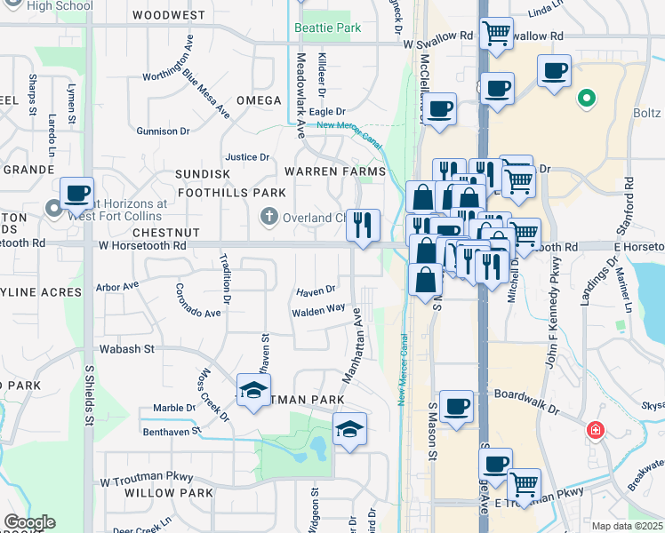 map of restaurants, bars, coffee shops, grocery stores, and more near 3627 Haven Court in Fort Collins
