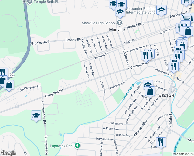 map of restaurants, bars, coffee shops, grocery stores, and more near 155 South 20th Avenue in Manville