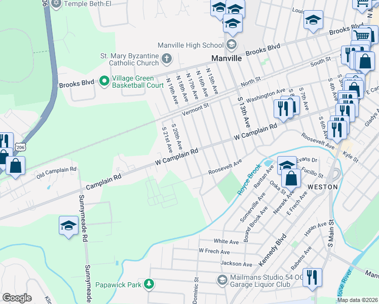 map of restaurants, bars, coffee shops, grocery stores, and more near 155 South 20th Avenue in Manville