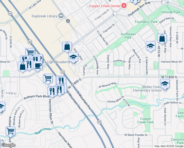 map of restaurants, bars, coffee shops, grocery stores, and more near 11763 Currant Drive in South Jordan