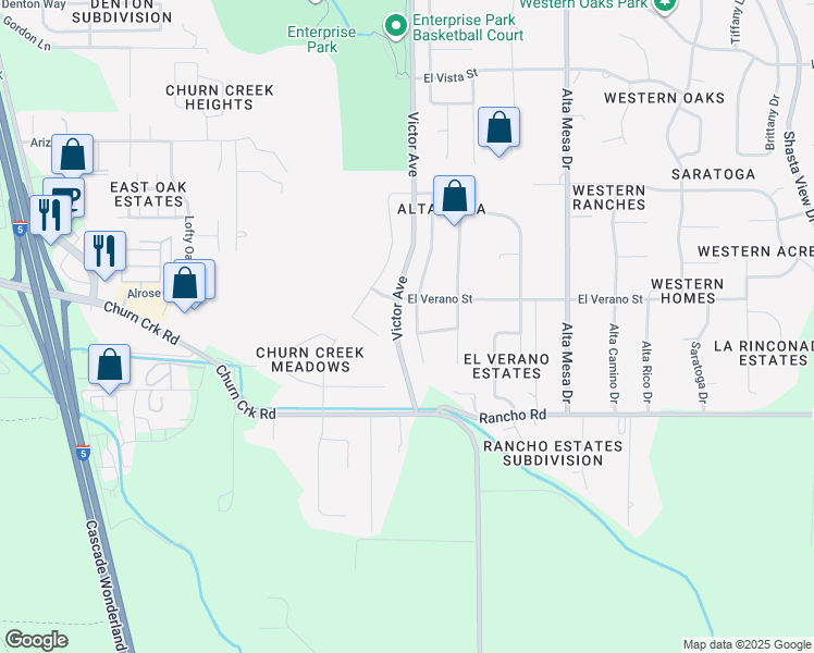 map of restaurants, bars, coffee shops, grocery stores, and more near 4729-4993 Victor Avenue in Redding
