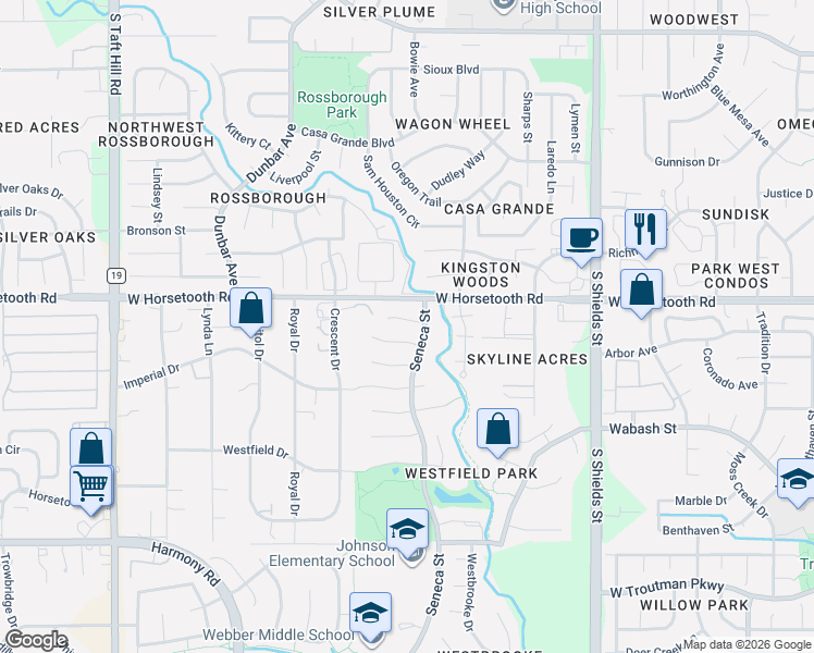 map of restaurants, bars, coffee shops, grocery stores, and more near 1515 Carmela Court in Fort Collins