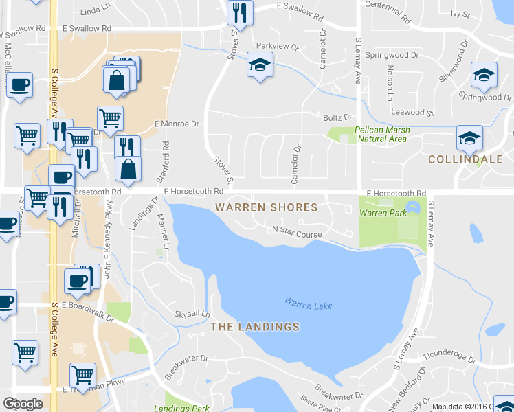 map of restaurants, bars, coffee shops, grocery stores, and more near 801 Warren Landing in Fort Collins